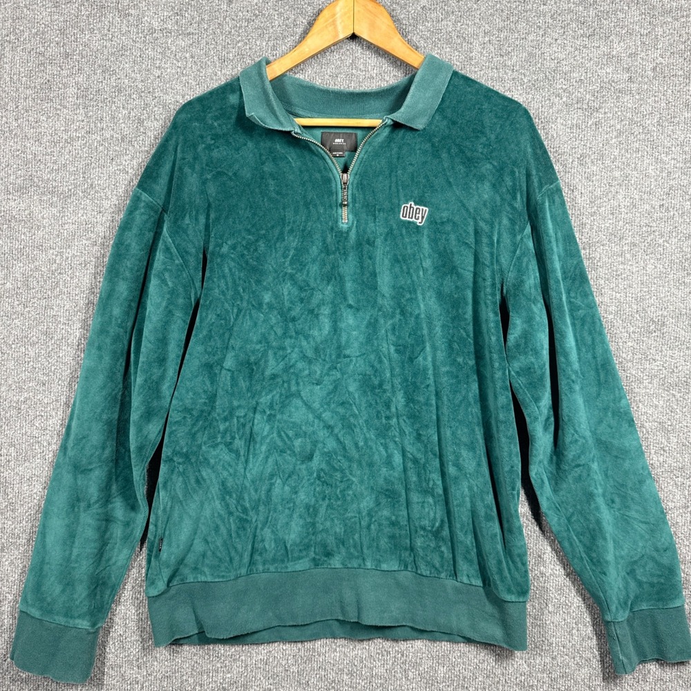 OBEY Sweater Mens Medium Quarter Zip Velour Teal Green Worldwide